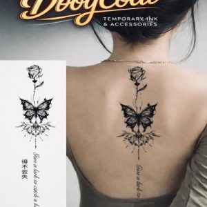 Vertical Butterfly and Rose Line Tattoo
